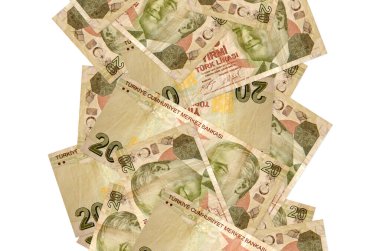 20 Türk lirası beyazın üzerinde izole bir şekilde uçuyor. Birçok banknot sol ve sağ tarafta beyaz kopya alanı ile düşüyor
