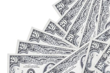 20 dolarlık banknotlar beyazın üzerinde ayrı bir sırayla duruyor. Yerel bankacılık ya da para kazanma konsepti. İş arkaplanı afişi