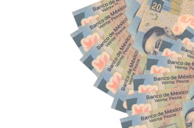 20 Meksika pezosu beyaz arka planda fotokopi alanı ile izole bir şekilde duruyor. Zengin yaşam kavramsal geçmişi. Büyük miktarda ulusal para birimi zenginliği