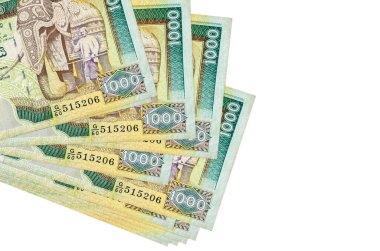 1000 Sri Lanka rupisi küçük gruplar halinde ya da beyaz paketler halinde yatar. Kopyalama alanı olan bir model. İş ve para değişimi kavramı