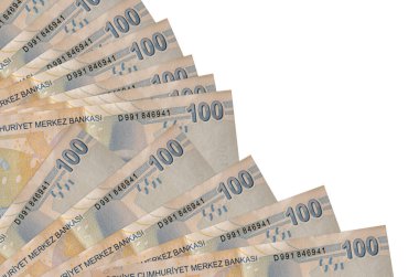 100 Türk lirası beyaz zemin üzerinde izole edilmiş, fotokopi alanı da pervaneye yakın duruyor. Maaş zamanı kavramı veya finansal işlemler