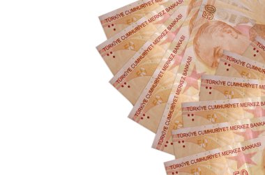 50 Türk lirası banknotlar beyaz arka planda, kopyalama alanı ile izole bir şekilde duruyor. Zengin yaşam kavramsal geçmişi. Büyük miktarda ulusal para birimi zenginliği