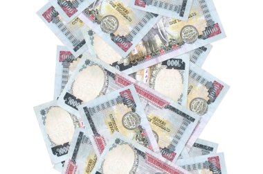 Beyaz üzerine izole edilmiş 1000 Nepal rupisi. Birçok banknot sol ve sağ tarafta beyaz kopya alanı ile düşüyor