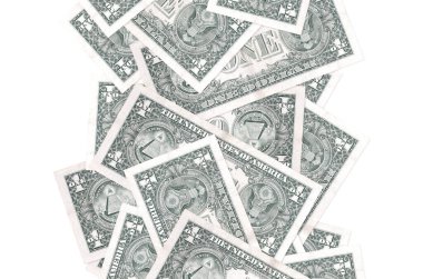 Beyaz üzerinde 1 Amerikan doları uçuyor. Birçok banknot sol ve sağ tarafta beyaz kopya alanı ile düşüyor
