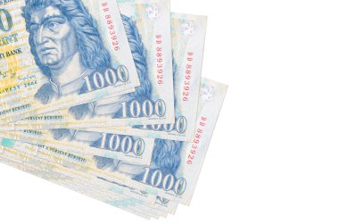 1000 Macar forint banknotu küçük gruplar halinde ya da beyaza izole edilmiş paketler halinde bulunur. Kopyalama alanı olan bir model. İş ve para değişimi kavramı