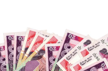 Ekranın alt tarafında 20 Sri Lanka rupisi var. Beyaz arka planda izole edilmiş ve fotokopi alanı var. Paralı iş kavramları için arkaplan afişi şablonu