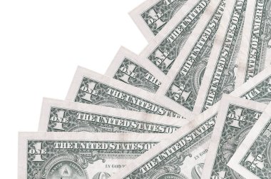 1 Amerikan doları banknotları beyaza izole edilmiş farklı bir sırayla yatar. Yerel bankacılık ya da para kazanma konsepti. İş arkaplanı afişi