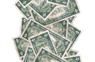 Beyaz üzerinde 1 Amerikan doları uçuyor. Birçok banknot sol ve sağ tarafta beyaz kopya alanı ile düşüyor