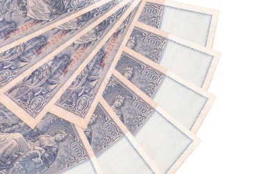 100 Reich banknotları beyaz zemin üzerinde izole bir şekilde duruyor ve fotokopi alanı da fan şeklinde üst üste yığılmış. Finansal işlemler kavramı