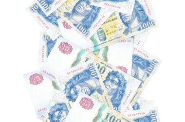 Beyaz üzerine izole edilmiş 1000 Macar forint banknotu. Birçok banknot sol ve sağ tarafta beyaz kopya alanı ile düşüyor