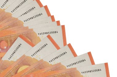 10 avroluk banknotlar beyaz arka planda izole edilmiş, fotokopi alanı da yakın planda. Maaş zamanı kavramı veya finansal işlemler