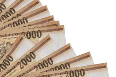 2000 Macar forint banknotları beyaz arka planda izole edilmiş, fotokopi alanı da pervaneye yakın duruyor. Maaş zamanı kavramı veya finansal işlemler