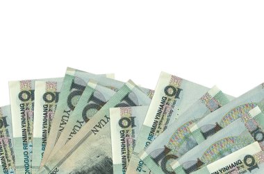 Ekranın alt tarafında 10 Çin yuan banknotu var. Beyaz arka planda, kopyalama alanı ile izole edilmiş. Paralı iş kavramları için arkaplan afişi şablonu