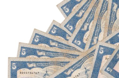 5 Ukrayna hrivniası banknotu beyazın üzerinde ayrı bir sırayla yatıyor. Yerel bankacılık ya da para kazanma konsepti. İş arkaplanı afişi