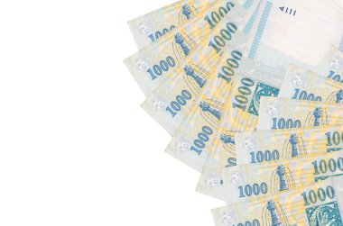 1000 Macar forint banknotu beyaz arka planda fotokopi alanı ile izole bir şekilde duruyor. Zengin yaşam kavramsal geçmişi. Büyük miktarda ulusal para birimi zenginliği