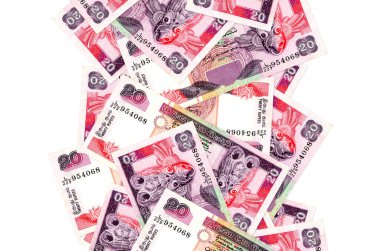 20 Sri Lanka Rupisi banknotları beyazın üzerinde izole bir şekilde uçuyor. Birçok banknot sol ve sağ tarafta beyaz kopya alanı ile düşüyor