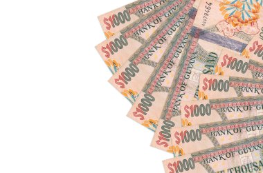 1000 Guyanese dolarlık banknotlar beyaz arka planda fotokopi alanı ile izole bir şekilde duruyor. Zengin yaşam kavramsal geçmişi. Büyük miktarda ulusal para birimi zenginliği
