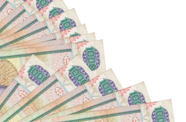 1000 Sri Lanka rupi banknotları beyaz arka planda izole edilmiş, fotokopi alanı da pervaneye yakın duruyor. Maaş zamanı kavramı veya finansal işlemler
