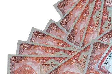 20 Nepal Rupisi banknotları beyaza izole edilmiş farklı bir sırayla yatar. Yerel bankacılık ya da para kazanma konsepti. İş arkaplanı afişi