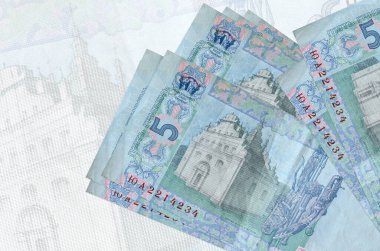 5 Ukrayna hrivniası faturası büyük yarı şeffaf banknotun arka planında duruyor. Ulusal para biriminin soyut sunumu. İş konsepti