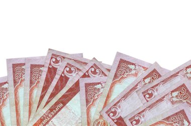 Ekranın alt tarafında 20 Nepal rupi banknot var. Beyaz arka planda izole edilmiş ve fotokopi alanı var. Paralı iş kavramları için arkaplan afişi şablonu