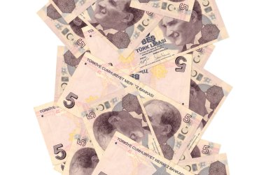 5 Türk lirası beyazın üzerinde izole bir şekilde uçuyor. Birçok banknot sol ve sağ tarafta beyaz kopya alanı ile düşüyor
