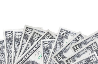 Ekranın alt tarafında 20 dolarlık banknotlar var. Beyaz arka planda izole edilmiş ve fotokopi alanı var. Paralı iş kavramları için arkaplan afişi şablonu