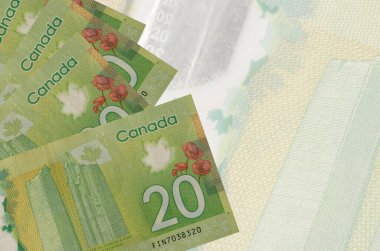 Büyük yarı saydam banknotların arka planında 20 Kanada doları yığılı duruyor. Kopyalama alanı olan soyut iş arkaplanı