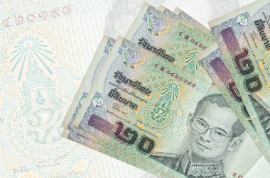 20 Tayland Baht faturası büyük yarı şeffaf banknotun arka planında duruyor. Ulusal para biriminin soyut sunumu. İş konsepti