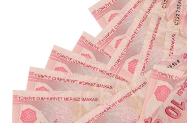 10 Türk lirası, beyaza izole edilmiş olarak farklı bir sırayla yatar. Yerel bankacılık ya da para kazanma konsepti. İş arkaplanı afişi