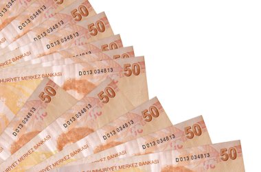 Beyaz zemin üzerinde izole edilmiş 50 Türk lirası var. Fan kaplamasında da fotokopi alanı var. Maaş zamanı kavramı veya finansal işlemler