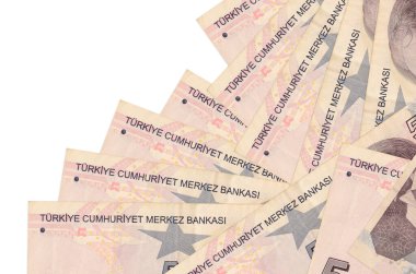 5 Türk lirası, beyaza izole edilmiş olarak farklı bir sırayla yatar. Yerel bankacılık ya da para kazanma konsepti. İş arkaplanı afişi