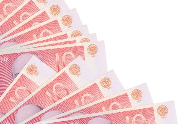 10 tane Estonya kroon banknotu beyaz arka planda izole edilmiş, fotokopi alanı da pervaneye yakın duruyor. Maaş zamanı kavramı veya finansal işlemler