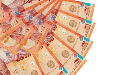 5000 Kazakistan tenge banknotu beyaz arka planda izole edilmiş ve fanı yakın konuma yerleştirilmiş. Finansal işlemler kavramı