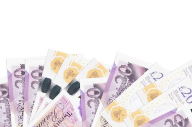 Ekranın alt tarafında 20 İngiliz sterlinlik banknotlar var. Beyaz arka planda izole edilmiş ve fotokopi alanı var. Paralı iş kavramları için arkaplan afişi şablonu