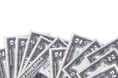 Ekranın alt tarafında, beyaz arka planda, fotokopi alanı ile izole edilmiş 2 Amerikan doları duruyor. Paralı iş kavramları için arkaplan afişi şablonu