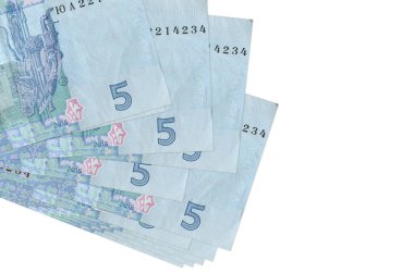 5 Ukrayna hrivniası banknotları küçük gruplar halinde ya da beyazın üzerine izole edilmiş paketler halinde yatar. Kopyalama alanı olan bir model. İş ve para değişimi kavramı