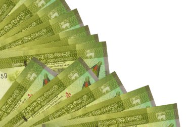 1000 Sri Lanka rupi banknotları beyaz arka planda izole edilmiş, fotokopi alanı da pervaneye yakın duruyor. Maaş zamanı kavramı veya finansal işlemler