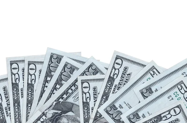 Ekranın alt tarafında 50 dolar banknot var. Beyaz arka planda izole edilmiş ve fotokopi alanı var. Paralı iş kavramları için arkaplan afişi şablonu