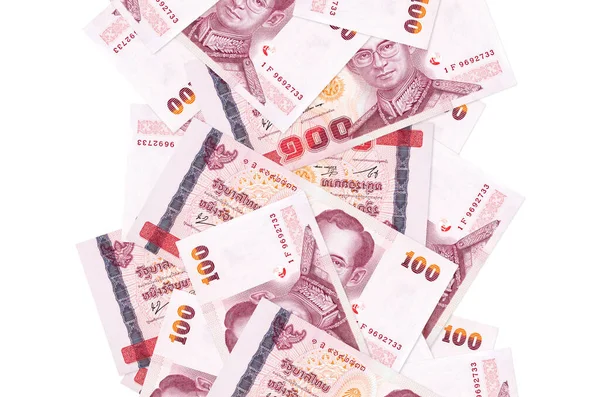 100 Tayland baht banknotları beyazlar üzerinde izole bir şekilde uçuyor. Birçok banknot sol ve sağ tarafta beyaz kopya alanı ile düşüyor