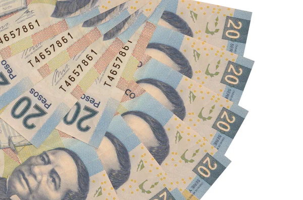 20 Meksika pezosu beyaz arka planda izole edilmiş bir şekilde duruyor ve fotokopi alanı da yakın planda. Finansal işlemler kavramı
