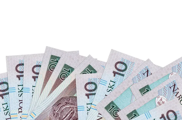 Ekranın alt tarafında 10 Polonyalı zloti banknotu var. Beyaz arka planda izole edilmiş ve fotokopi alanı var. Paralı iş kavramları için arkaplan afişi şablonu