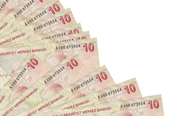 10 Türk lirası beyaz zemin üzerinde izole edilmiş, fotokopi alanı da pervaneye yakın duruyor. Maaş zamanı kavramı veya finansal işlemler