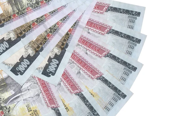 1000 Nepal rupi banknotları beyaz arka planda izole bir şekilde duruyor ve fotokopi alanı da fan şeklinde dizilmiş. Finansal işlemler kavramı