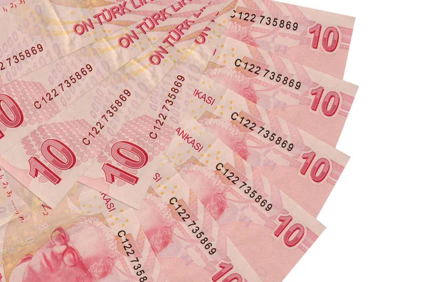 10 Türk lireti banknotları beyaz zemin üzerinde izole edilmiş, fotokopi alanı ise fan şeklinde üst üste yığılmış. Finansal işlemler kavramı