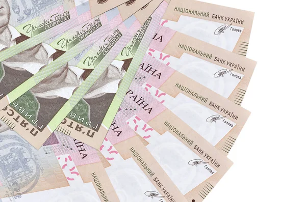 500ウクライナのフリブニア紙幣は ファン形状に積み上げられたコピースペースがクローズアップされた白い背景に隔離されています 金融取引の概念 — ストック写真