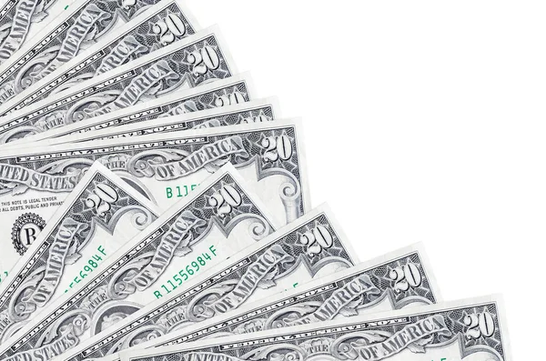 20 dolarlık banknotlar beyaz arka planda izole edilmiş, fotokopi alanı da yakın planda tutuluyor. Maaş zamanı kavramı veya finansal işlemler