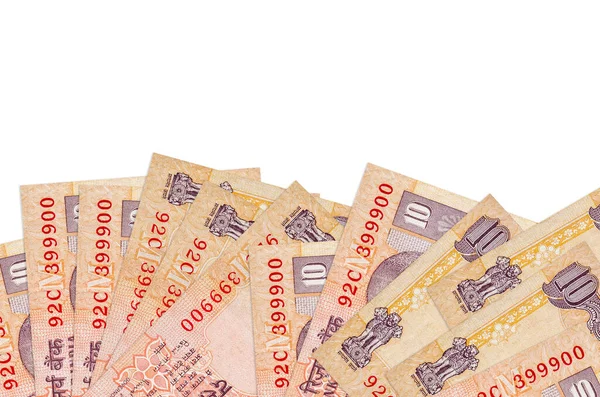 Ekranın alt tarafında 10 Hint rupi banknot var. Beyaz arka planda izole edilmiş ve fotokopi alanı var. Paralı iş kavramları için arkaplan afişi şablonu