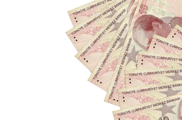 10 Türk lirası banknotlar beyaz zemin üzerinde fotokopi alanı ile izole bir şekilde duruyor. Zengin yaşam kavramsal geçmişi. Büyük miktarda ulusal para birimi zenginliği