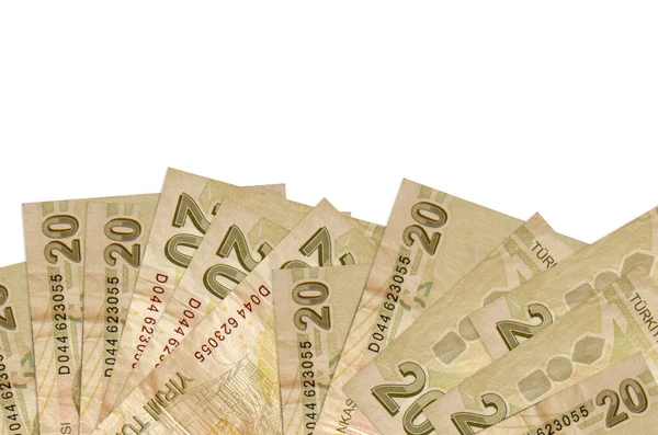 Ekranın alt tarafında 20 Türk lirası var. Beyaz zemin üzerinde izole edilmiş ve fotokopi alanı var. Paralı iş kavramları için arkaplan afişi şablonu